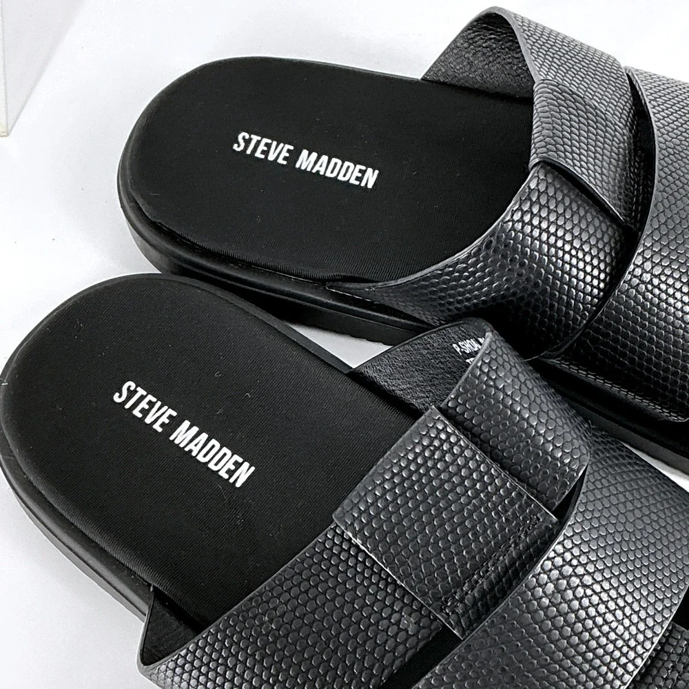 Steve‎ Madden Mens Size 9 Shoal Black Textured Triple Strap Slides Sandals